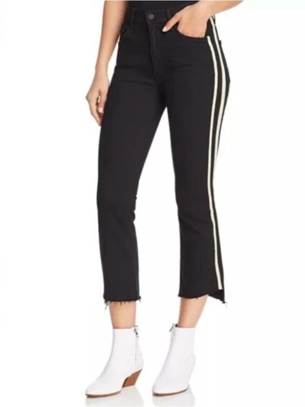 MOTHER Insider Crop Step Fray Jeans 27 Guilty Racer Black Side Stripe Raw Hem